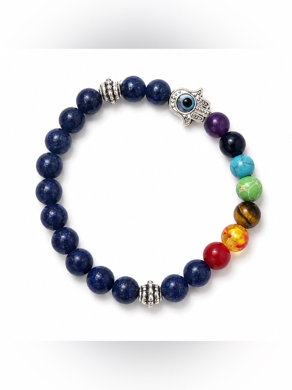 🪬Multicolor Chakra Bead Bracelet with Lapis and Hamsa Charm #44